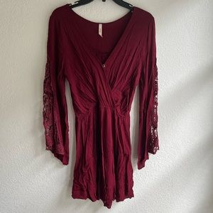 Maroon dress long sleeves with crochet lace cutouts